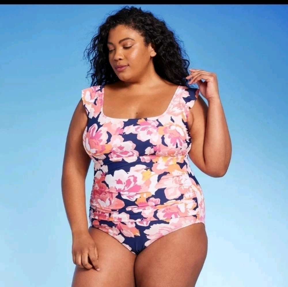 Kona Sol Women's Plus Over the Shoulder Swimwear Floral One Piece